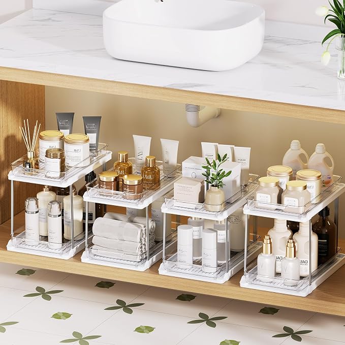 Delamu 2-Tier Bathroom Under Sink Organizers and Storage, Pull Out Cabinet Drawers with Anti-Slip Design, Multi-Purpose Storage for Kitchen, Pantry, Bathroom & Home Organization, White, 4 Pack - Image 9