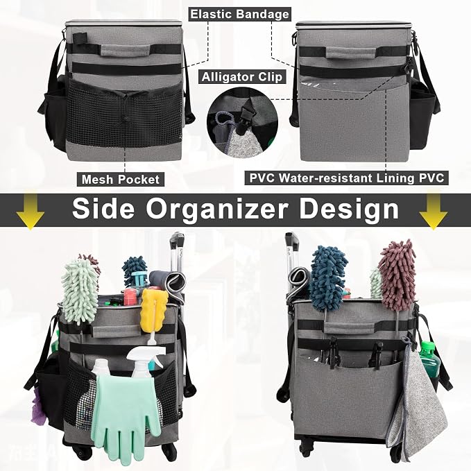 Large Rolling Cleaning Caddy with Wheels, Cleaning Supplies Organizer | With Detachable Trolley, Water-resistant Cleaner Cart for Housekeepers, Multi Pocket Cleaning Cart with Strap, Gray - Image 7