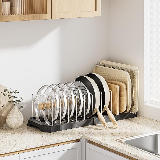 MUDEELA Pots and Pans Organizer under Cabinet, Pan Pot Organizer Inside Cabinet, Expandable 12.9''-21.88'' Pot Lid Organizer Holder with 12 Adjustable Dividers for Cutting Boards, Pan Lid Rack, Black - Image 4