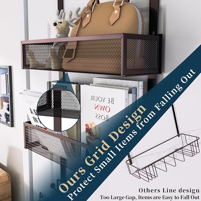 Consumest Over The Door Hooks Organizer - 3 Tier Door Hanger with 9 Coat Hooks & 2 Mesh Basket, Back Storage Organizer Hanging Towels for Bathroom, Bedroom, Bronze - Image 2