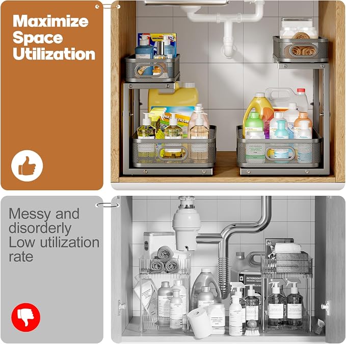 1 Pack 15.7IN-Depth Under Sink Organizer With Smooth Cylindrical Rail,2-Tier Pull Out Multi-Purpose Cabinet Storage for Bathroom&Kitchen,Height Adjustable,Rust-resistant Coating-Gun Gray - Image 5