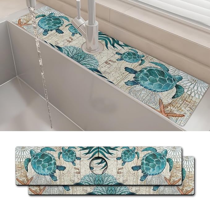 2PCS 24" X 5.5" Kitchen Sink Splash Guard Faucet Mat Sea Turtles Super Absorbent Fast Drying Faucet Guard & Draining Mat Sink Splash Guard Behind Faucet for Kitchen, Bathroom by Unknown