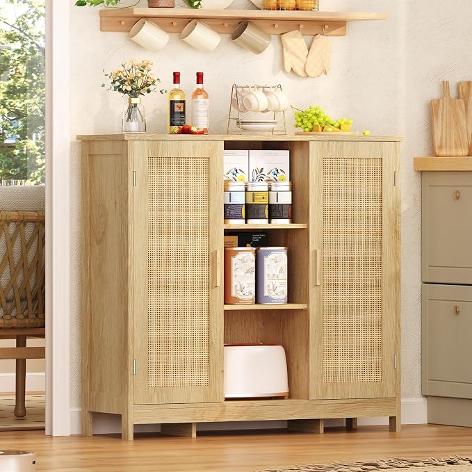 Iwell Rattan Storage Cabinet with 4 Adjustable Shelves, Coffee Bar Cabinet, Sideboard Buffet for Kitchen, Living Room, Entryway, Natural - Image 9