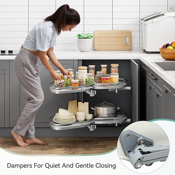 YITAHOME 32" Blind Corner Pull-Out Organizer | Soft-Close Swing-Out 2-Tier Height-Adjustable Lazy Susan, Left Swing Pull Out Organizer, Gray - Image 2