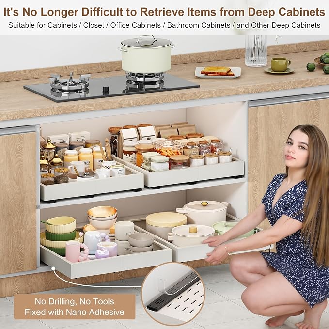 Fokyfok 2Pc Pull out Cabinet Organizer,16"-21"W,13"-17"D,Expandable | No Drill,Adjustable,Roll out Drawers,Adhesive Sliding Drawers,Slide out Shelves for Cabinets Without Lip,Kitchen,Pantry,White - Image 3