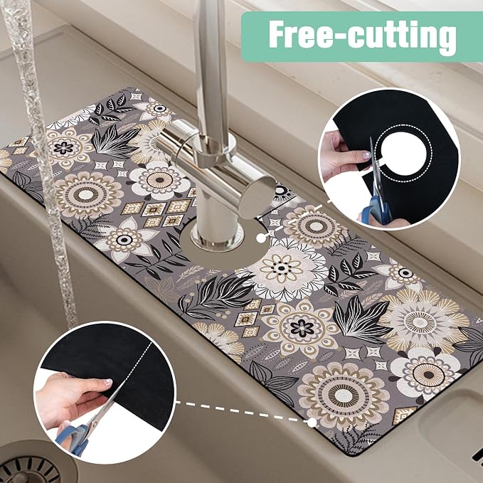 Kitchen Sink Splash Guard Faucet Mat 15" X 5.5" Boho Floral Absorbent Fast Drying Mat Faucet Draining Mat Sink Splash Guard Behind Faucet Drip Catcher for Kitchen Bathroom - Image 5
