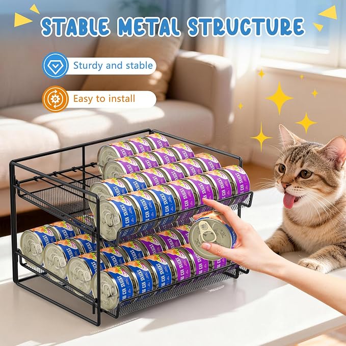 Cat Food Can Organizer 2-Tier Can Organizer for Pantry 56 Cans 3.5oz | Black metal 2-tier cat food can organizer,Holds 56 cans 3.5oz,Adjustable pantry countertop storage for kitchen cabinet - Image 2
