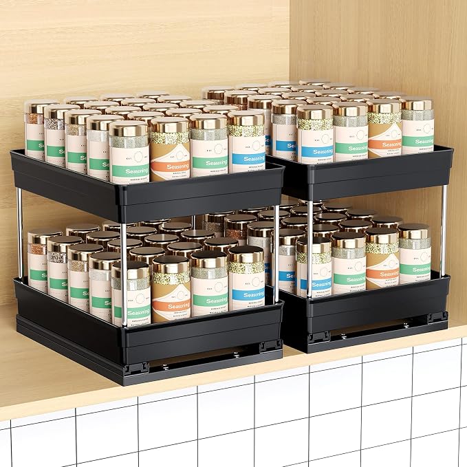 Mystozer Pull Out Spice Rack Organizer for Cabinet, Slide Out Spice Racks Organizer, Easy to Install Spice Cabinet Organizers, 8.26''Wx10.62''Dx8.66''H, 2 Packs-2 Tiers (Black) by Mystozer