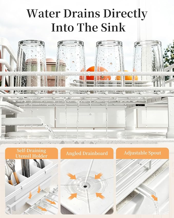SAYZH Expandable Dish Drying Rack for Kitchen Counter, Metal, White | Foldable Over Sink, Large Capacity, Rust-Resistant, Adjustable for Most Sinks, Automatic Drainage, Removable Utensil Holder - Image 5