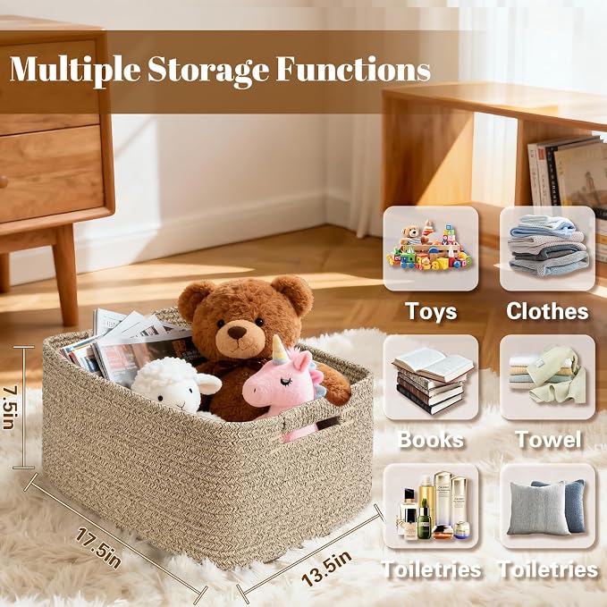 4 Pack Large Storage Basket for Organizing, 17.5"x13"x7" Woven Basket for Shelves, Closet Cube Storage Bins with Wrapped Handle, Cotton Rope Baskets for Kitchen, Clothes, Toys(Natural)) - Image 2