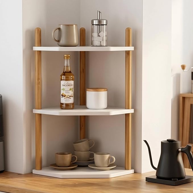 3-Tier Bamboo Corner Shelf,Kitchen Countertop Organizer,Corner Countertop Organizer Shelf, Coffee Bar Organizer,Coffee Bar Accessories,for Kitchen, Pantry, Organizers and Storage,White - Image 2