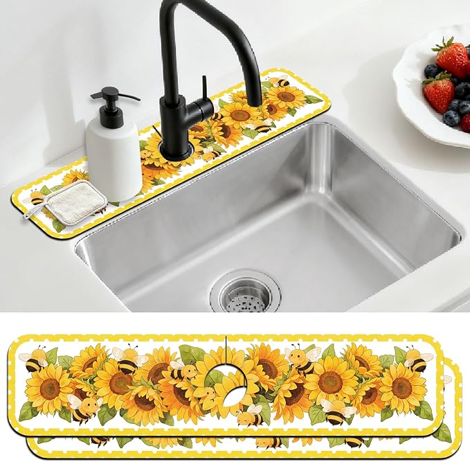 2 Pcs Kitchen Sink Splash Guard Faucet Mat Sunflower Faucet Mat for Sinks Bee Pattern Absorbing Drying Mat for Kitchen Bathroom, 23.6x5.5inch by CONCHLERY%E6%97%97%E8%88%B0%E5%BA%97