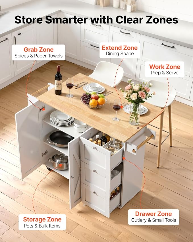VEVOR Kitchen Island Cart, 45.3x39 inch Rolling Kitchen Table, Mobile Carts with Storage Cabinet and Solid Wood Top, Portable Islands with Wheels, Spice Rack, Towel Rack, Drop Leaf and Drawer, White - Image 5