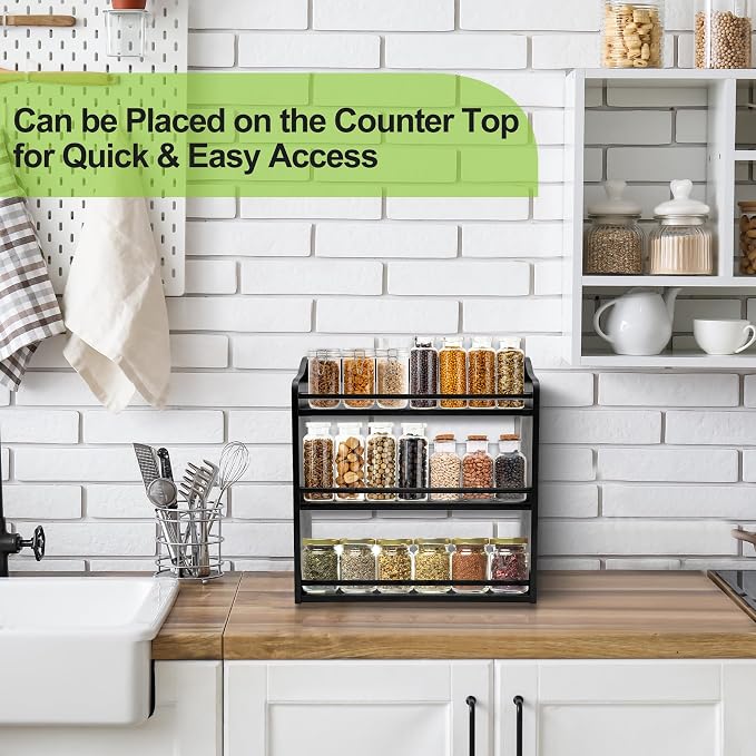 3 Tier Bamboo Spice Rack Wall Mount or Countertop,Spice Organizer | Seasoning Jars Rack Spice Shelf Organizer for Kitchen Counter or Wall Mounting (Black) - Image 4