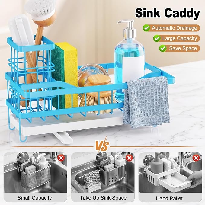 Sponge Holder for Kitchen Sink, Self-draining Sink Caddy with Towel Rack and Brush Holder, Metal Kitchen Countertop Organizers and Storage Essentials, Blue - Image 7