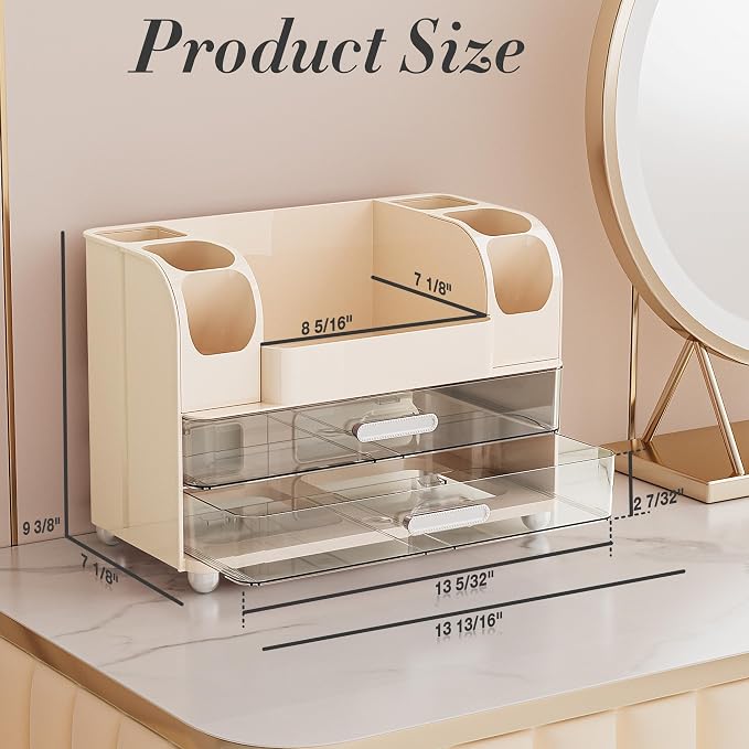 Delamu Large Makeup Organizer Countertop with 6 Brush Holders, Cream White | Vanity Organizer with 2 Drawers, Gift for Women & Girls, Holds Perfume, Skincare, Lipstick, Nail Polish & Hair Accessories - Image 3