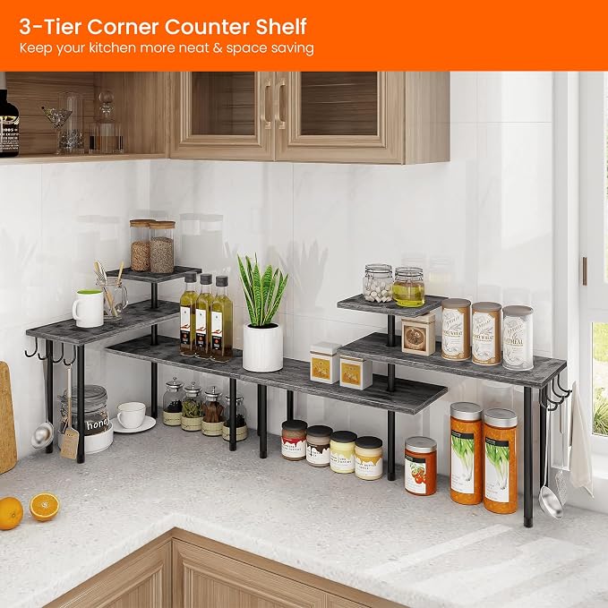 Kitchen Countertop Organizer, 3 Tier Corner Shelf Bathroom Counter Organizer, Wooden Counter Shelf Stand Space Saver, Easy Assembly, Rustic Grey - Image 3