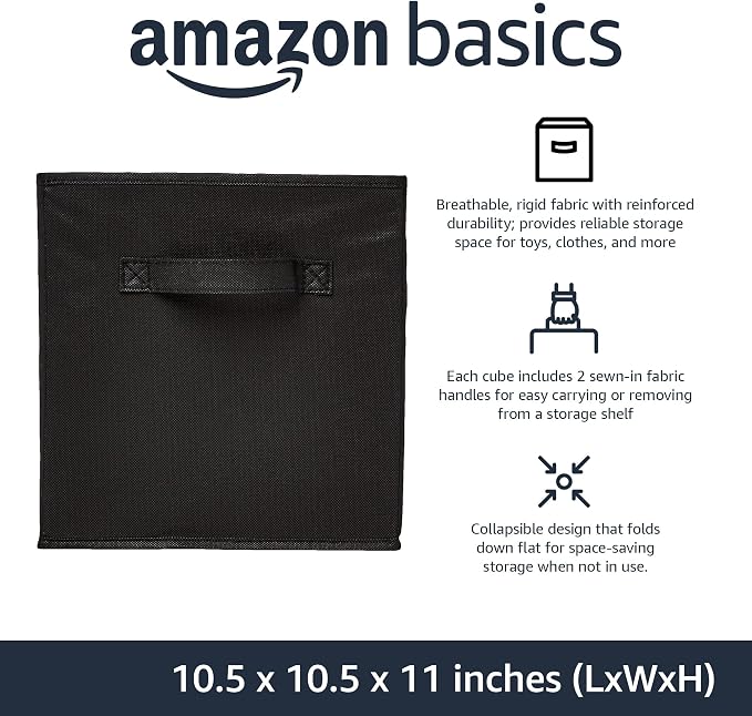 Amazon Basics Collapsible Fabric Storage Bins Organizer with Handles, Sturdy, Foldable, 10.5" x 10.5" x 11", Black, 6 Count (Pack of 5) - Image 2