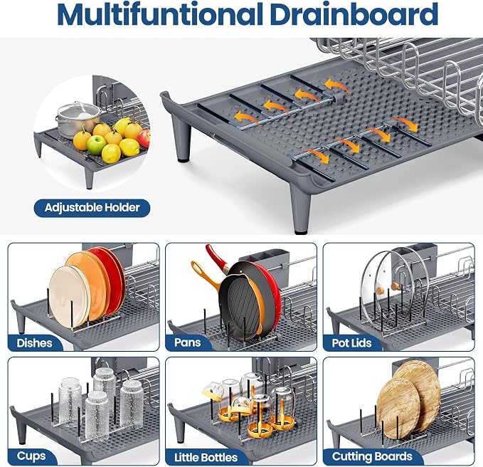 NTD Expandable Dish Drying Rack for Kitchen Counter, 16.7"-26.8", Gray | Large Multifunctional Dish Drainers, Anti-Rust, with Cutlery & Cup Holders, Self-Draining Drainboard, FIts for 4-5 People - Image 4