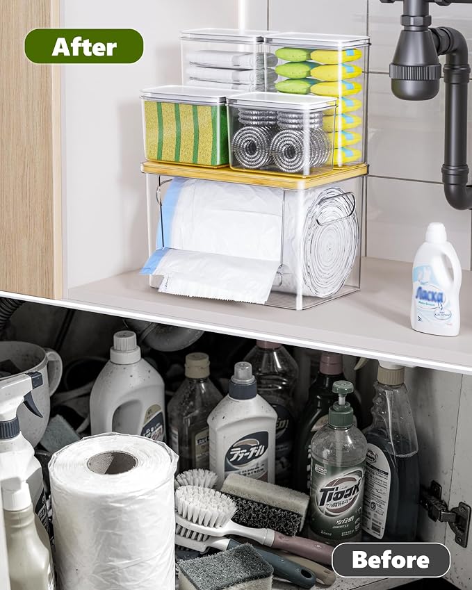 iCASA 5 in 1 Trash Bag Holder Dispenser Dishwasher & Laundry Pods Container | Large Stackable Under Sink Organizer Garbage Bag Dispenser for 13/30/33 Gallon Bags, Kitchen Pantry Clear Storage Bins - Image 5