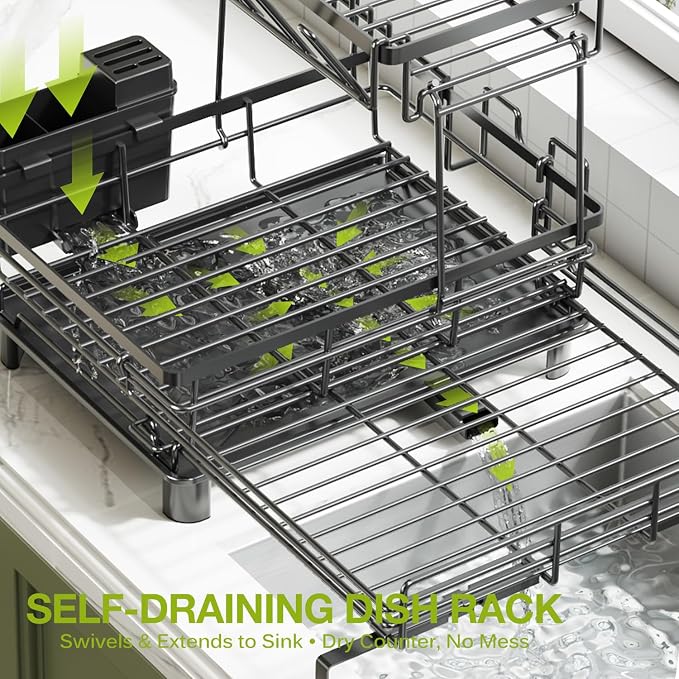 2-Tier Expandable Dish Drying Rack for Kitchen Counter, Black | Large Capacity Dish Rack Organization, Heavy-Duty Carbon Steel, 17 lbs Capacity, Swivel Drain Spout & Cup Hooks - Image 4