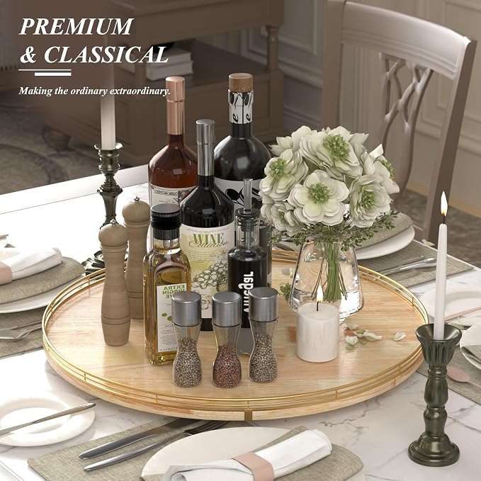 AMH 24-Inch Extra Large Lazy Susan with Solid Oak Base and Black Iron Rail | Smooth rotating oak tray with walnut finish for dining tables, kitchen counters, pantries and cabinet storage. - Image 4
