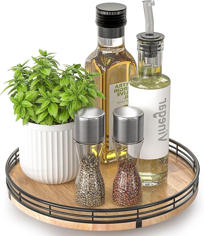 AMH 10-Inch Farmhouse Oak Lazy Susan Organizer for Cabinet | Smooth rotating oak tray with walnut finish for dining tables, kitchen counters, pantries and cabinet storage. by AMH