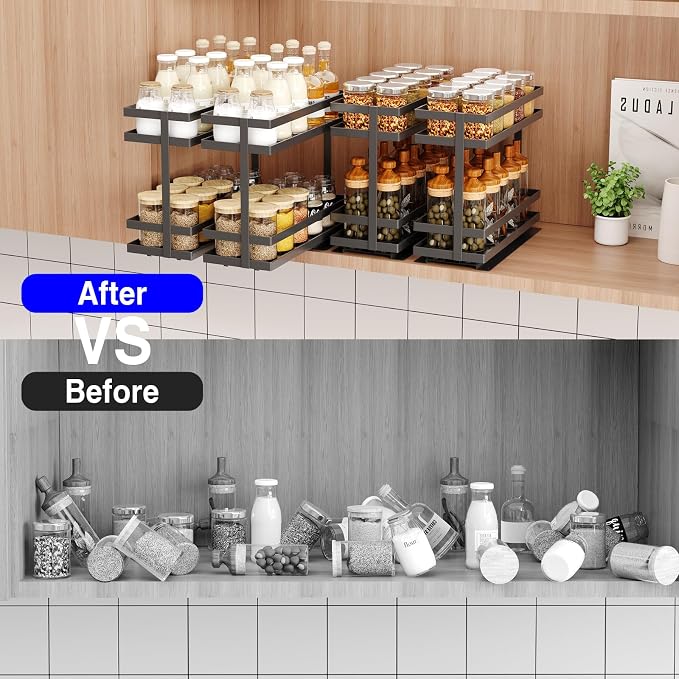 Mustorn 2 Pack Pull Out Spice Rack Organizer for Cabinet, 2 Tier Metal Slide Out Seasoning Organizer and Storage Heavy Duty Vertical Spice Rack Shelf Pullout for Kitchen Cabinets No Drilling (Black) - Image 8