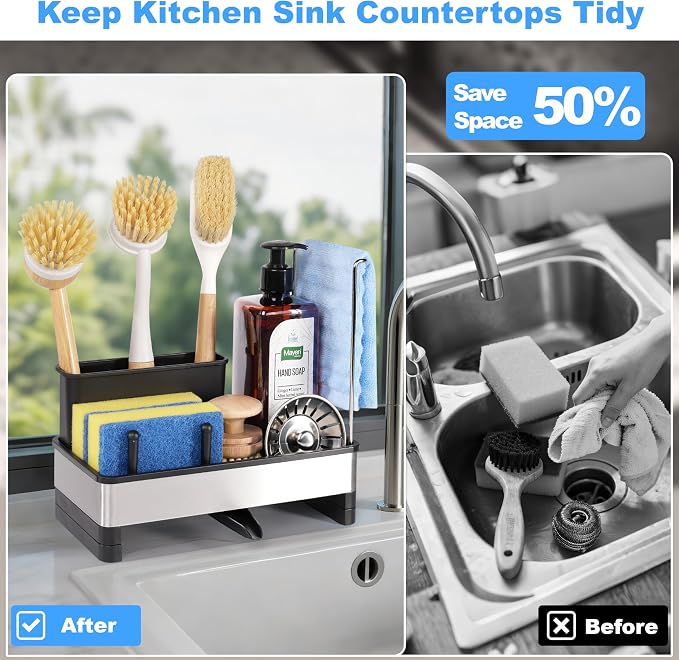 Sponge Holder for Kitchen Sink Caddy Organizer, Dish Brush Holder | Stainless Steel Sponge Caddy for Kitchen Countertop Organizer, Rustproof Dish Soap and Sponge Rack with Dishcloth Drying Rack - Image 6