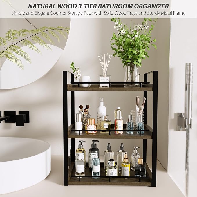 Bathroom Counter Organizer, 3 Tier Wood Countertop Shelf | for Vanity, Skincare, Makeup, Coffee Storage, Wood Shelves, Durable Metal Bracket, for Bathroom Sink, Kitchen (Deep Brown) - Image 2