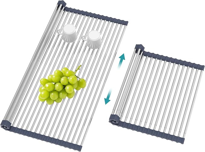 BBXTYLY Extra Large Expandable Roll Up Dish Drying Rack,Over The Sink Drying Rack Sink Cover Kitchen Sink Accessories Kitchen Rolling up Stainless Steel Drainer, Foldable,Rollable（Gray，22.8'-17.3''） by BBXTYLY