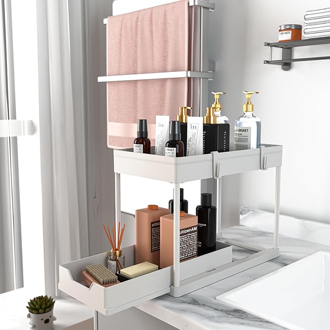 MEAFBIRD 2 Pack Under Sink Organizer, 2 Tier Bathroom Cabinet Organizer with Sliding Basket, Multi-Purpose Under Sink Organizers and Storage for Bathroom Kitchen (White 2 Pack) - Image 6