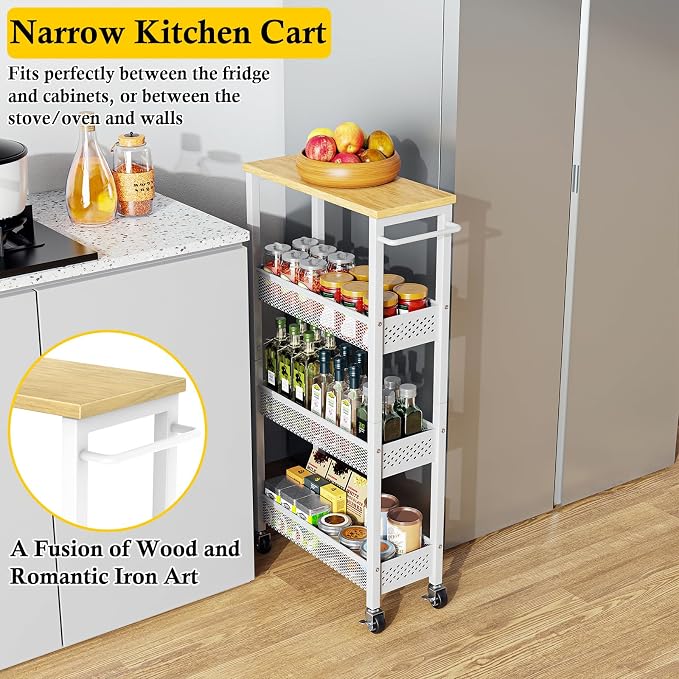OKZEST Slim Laundry Room Organization Cart with Upgraded Metal Hub Casters | Fits between washer & dryer, 4-Tier space-saving narrow rolling cart, Premium wood top & metal mesh shelf, with handle & hook - Image 4