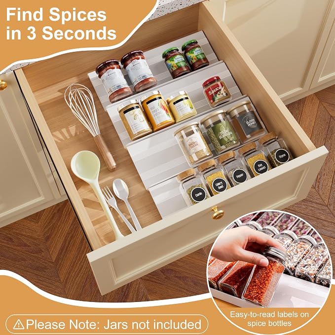 Spice Drawer Organizer 4 Tier, Adjustable Kitchen Seasoning Rack Tray | Expandable from 13" to 26", with Anti-Slip Mat, Acrylic Spice Organization Cabinet Countertop (Jars Not Included)-White - Image 5