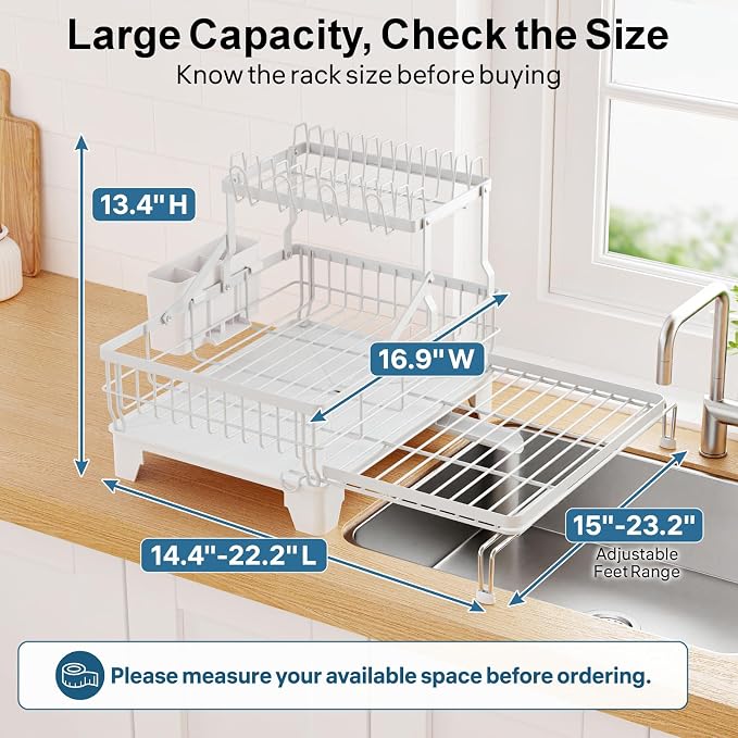 Large Expandable 2 Tier Dish Drying Rack - Over Sink & Counter Use | Extendable Drying Space, Auto-Drain Spout, Stable Screw-Fixed Frame, Cup & Utensil Holder, Rust-Resistant Kitchen Rack, White - Image 6