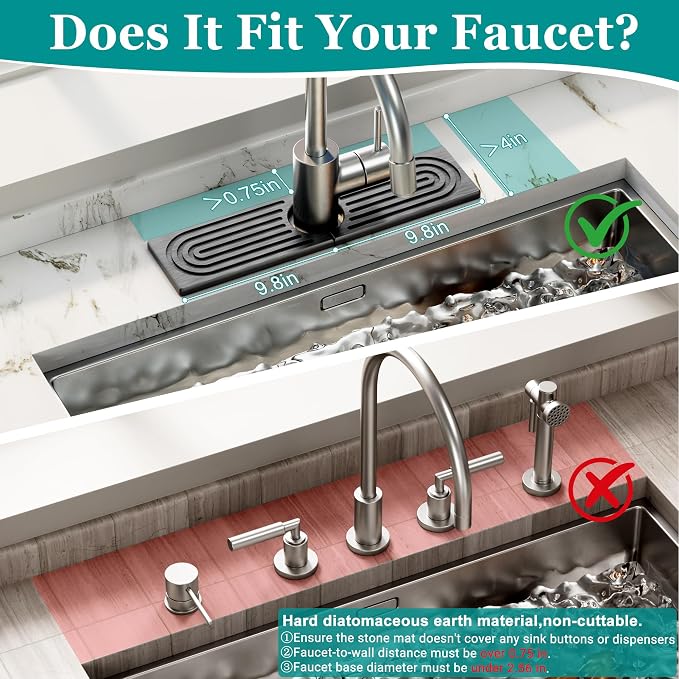 Stone Faucet Mat for Kitchen Sink - Quick Dry Diatomite Sink Splash Guard, Prevents Moisture Buildup & Water Stains, Water Absorbing Stone Tray for Bathroom Countertop (Dark Gray, 20" x 4") - Image 2