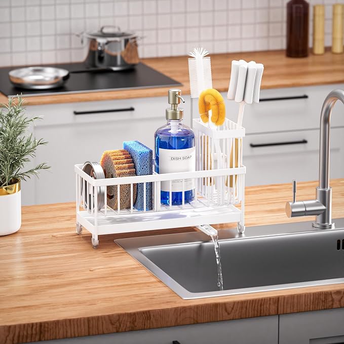 Cisily Sponge Holder for Kitchen Sink, Sink Caddy Organizer with High Brush Holder, Kitchen Countertop Organizers and Storage Essentials, Rustproof 304 Stainless Steel (Cool White, Large) - Image 7