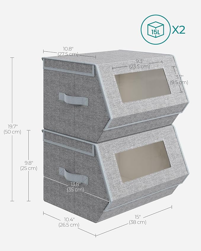 SONGMICS Stackable Storage Bins, Set of 2, with Lids and Front Windows | Closet Organizers, Linen-Look Non-Woven Fabric, Magnetic Closures, Side Handles, Gray, TINA Collection URLB002W01 - Image 5