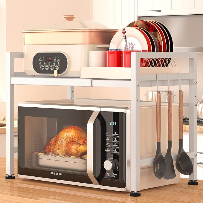 PUSDON Expandable Microwave Oven Rack, 2-Tier Countertop Baker's Rack Style Shelf, Heavy Duty Carbon Steel Stand with 3 Hooks, 160lbs Capacity Modern Kitchen Organizer, White by PUSDON