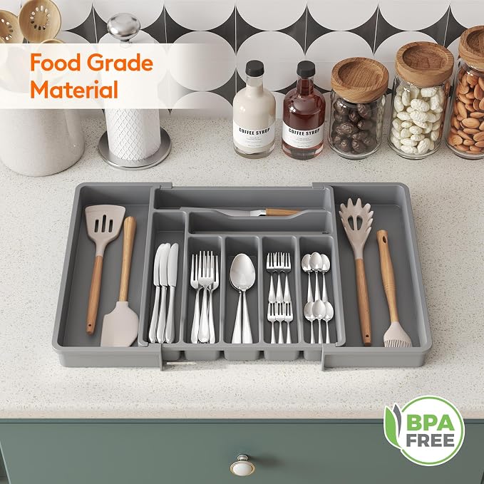 Lifewit Utensil Organizer for Kitchen Drawer, Expandable Cooking Silverware Tray, Adjustable Cutlery Flatware Holder, Plastic Spatula Tools Storage Divider, 13-22.4 x 15", Gray - Image 9