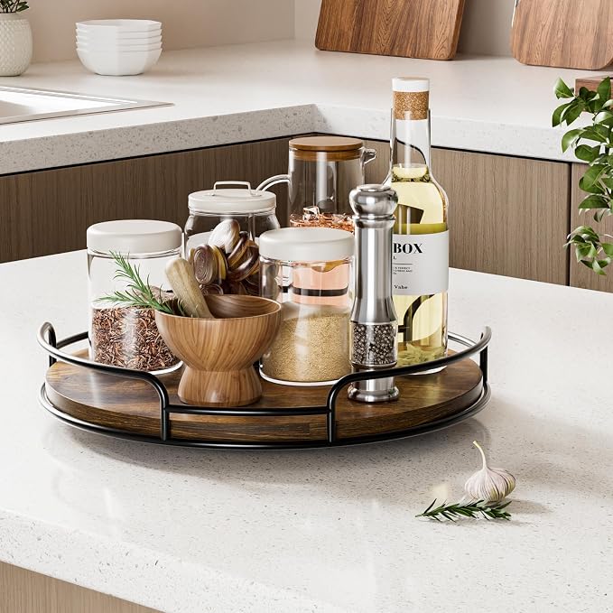 WOWBOX 12" Wood Lazy Susan Turntable Organizer for Cabinet, Pantry, Counter | Smooth 360° Rotation, Space-Saving Wooden Organizer for Spice Jars, Kitchen, Bathroom, Vanity & Tabletop - Image 3