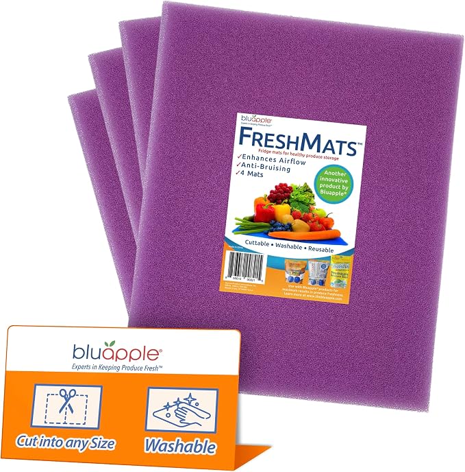 Bluapple FreshMats, Refrigerator Liner, Fridge Drawer Mats, Crisper Life Extender Liner Keeps Produce Fresh Longer, Anti-Bruising, Helps Air Circulation, Washable & Reusable (4-Mats, 12x15, Lavender) by TheBluappleCompany