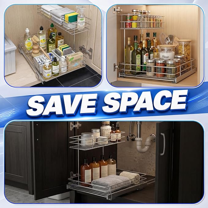 Hicarer 2 Tier Pull out Metal Under Sink Cabinet Organizer 12.6"W x 16.54"D | Metal Sliding Drawer Shelf Storage Rack Organization for Kitchen Cabinets, Pantry, Laundry, Bathroom, Chrome Finish - Image 5