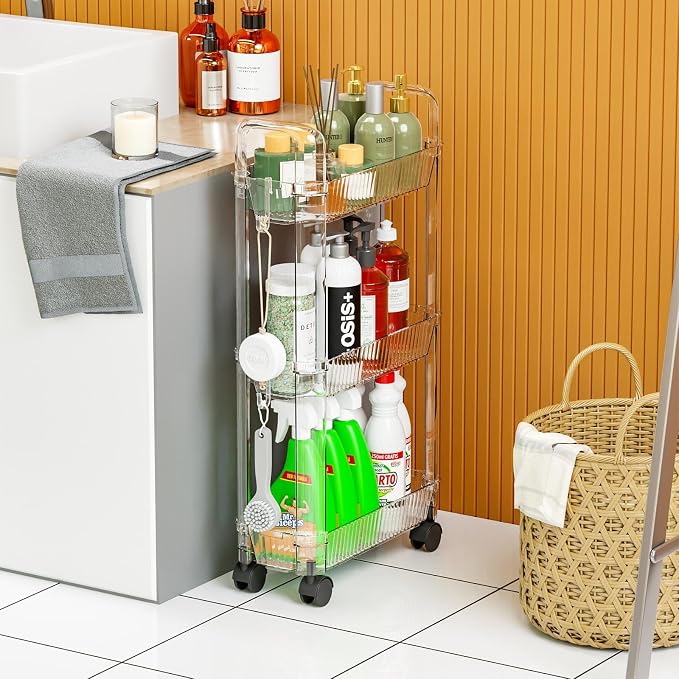3 Tier Slim Rolling Storage Cart with Wheels for Small Space,Clear Modern Design Slim Utility Cart Suitable as Bathroom Cart Organizer Shelf,Skinny Bathroom Storage Rack,Narrow Laundry Cart on Wheels - Image 5