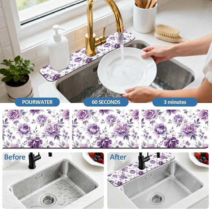 2 Pcs Kitchen Sink Splash Guard Faucet Mat Purple Flowers Faucet Mat for Sinks Dreamlike Blooms Absorbing Drying Mats for Kitchen Bathroom, 23.6x5.5inch - Image 5
