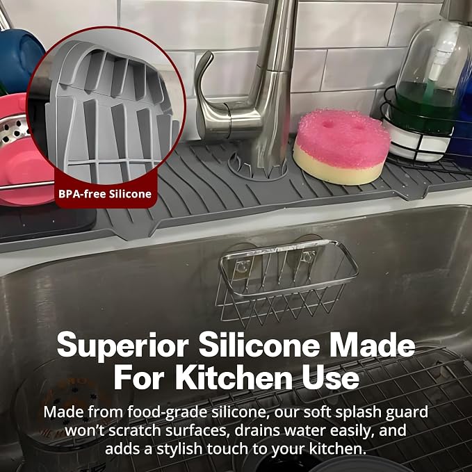 ODRAGO Silicone Kitchen Sink Splash Guard - 24.01 Inch Faucet Mat for Kitchen Sink Water - Longer Faucet Handle Drip Catcher Tray-Sink Guard for Kitchen Sink (Grey) - Image 7