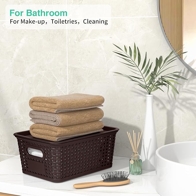 8 Pack Plastic Storage Baskets,Brown Stackable Bins with Lid | 5.3qt Storage Containers with Labels for Organizing Shelves Drawers Desktop Closet Playroom Classroom Office - Image 6