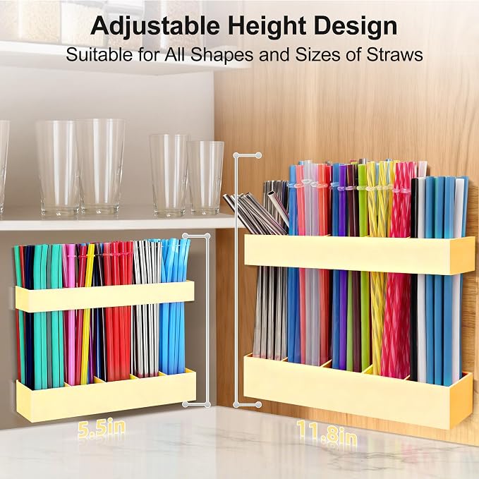 9.5” Large Acrylic Straw Holder for Cabinet Door, Adjustable Two-Part | Reusable Straws Organizer with Ultra Sticky Adhesive Strips, 2026 Straw Storage for Kitchen Cupboard (Milky Yellow) - Image 2