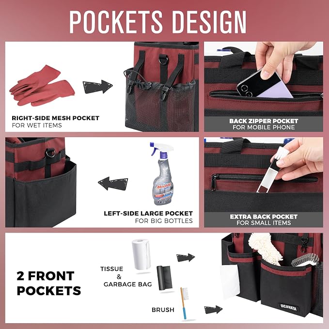 SCAVATA Compact Wearable Cleaning Caddy with Handle & Shoulder Straps | Small Cleaning Supplies Organizer, Under Sink & Car Cleaning Tools Storage Bag for Housekeepers Cleaners, AncoraRed - Image 2