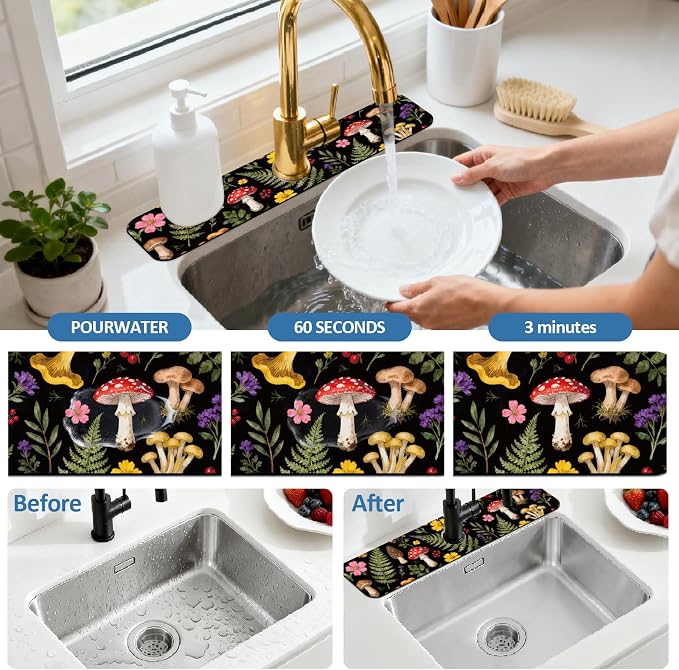 2 Pcs Kitchen Sink Splash Guard Faucet Mat Colorful Mushrooms and Flowers Pattern Faucet Mat for Sinks Leaves Absorbing Drying Mat for Kitchen Bathroom, 23.6x5.5inch - Image 5